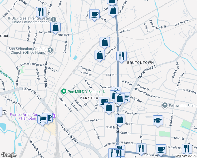 map of restaurants, bars, coffee shops, grocery stores, and more near 211 Conyers Street in Greenville