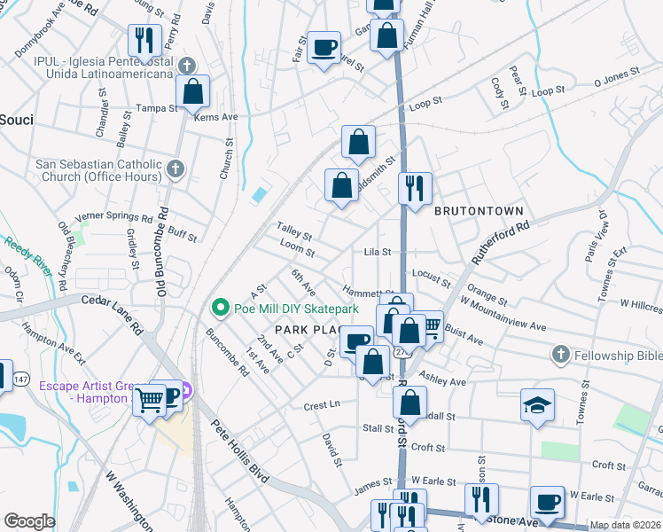 map of restaurants, bars, coffee shops, grocery stores, and more near 102 Hammett Street Extension in Greenville