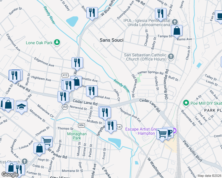 map of restaurants, bars, coffee shops, grocery stores, and more near 102 Odom Circle in Greenville