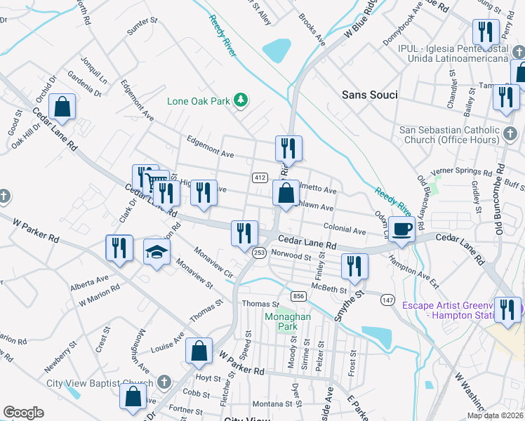 map of restaurants, bars, coffee shops, grocery stores, and more near 11 Eli Street in Greenville