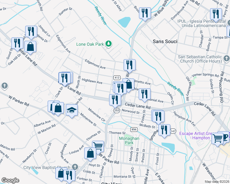 map of restaurants, bars, coffee shops, grocery stores, and more near 11 Eli Street in Greenville