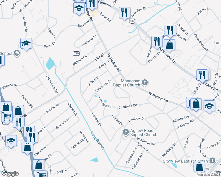 map of restaurants, bars, coffee shops, grocery stores, and more near 17 Lawnview Court in Greenville