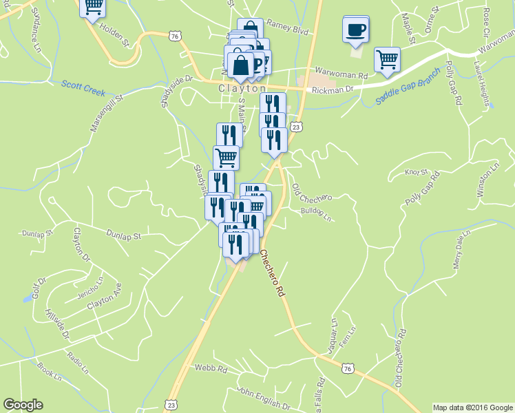 map of restaurants, bars, coffee shops, grocery stores, and more near 811 U.S. 441 in Clayton