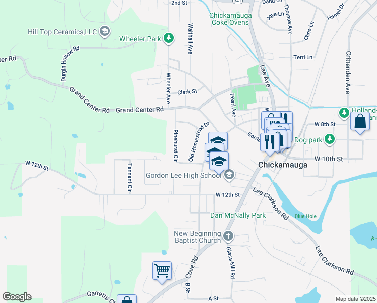 map of restaurants, bars, coffee shops, grocery stores, and more near 105 Old Homestead Drive in Chickamauga