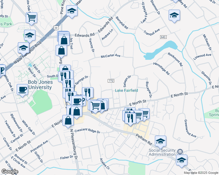 map of restaurants, bars, coffee shops, grocery stores, and more near 5 Dubard Street in Greenville