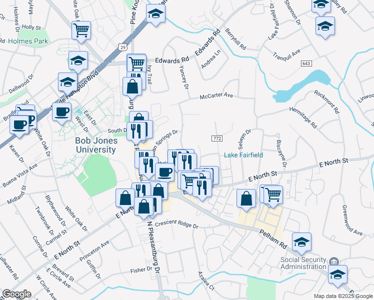 map of restaurants, bars, coffee shops, grocery stores, and more near 212 Sweetbriar Road in Greenville