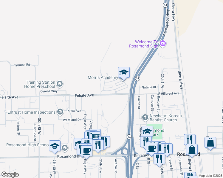 map of restaurants, bars, coffee shops, grocery stores, and more near 2408 West Valley Vista in Rosamond