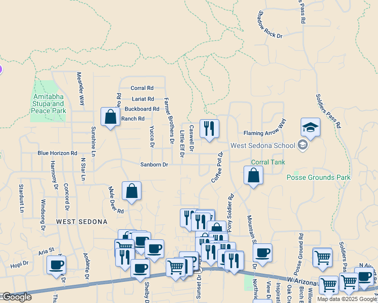 map of restaurants, bars, coffee shops, grocery stores, and more near 5 Caswell Drive in Sedona