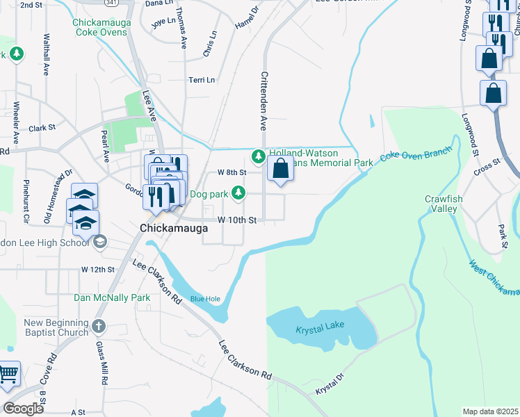 map of restaurants, bars, coffee shops, grocery stores, and more near 905 Crittenden Avenue in Chickamauga