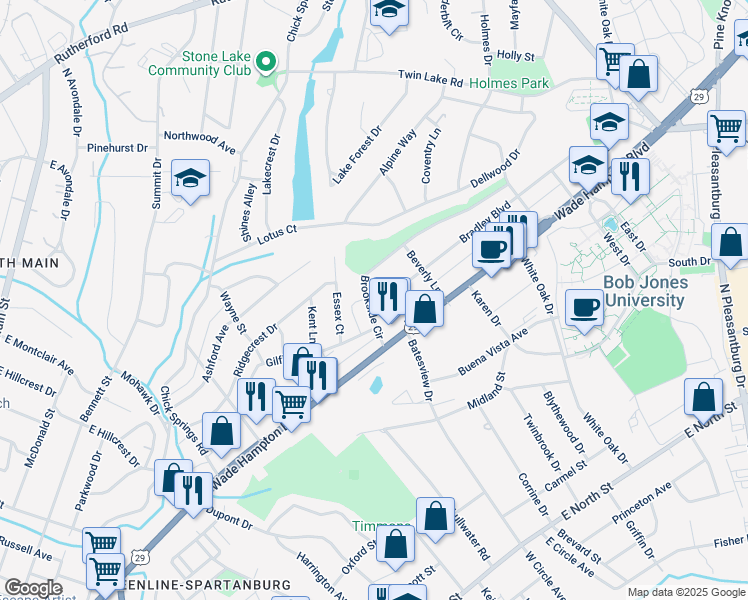map of restaurants, bars, coffee shops, grocery stores, and more near 1 Bradley Boulevard in Greenville