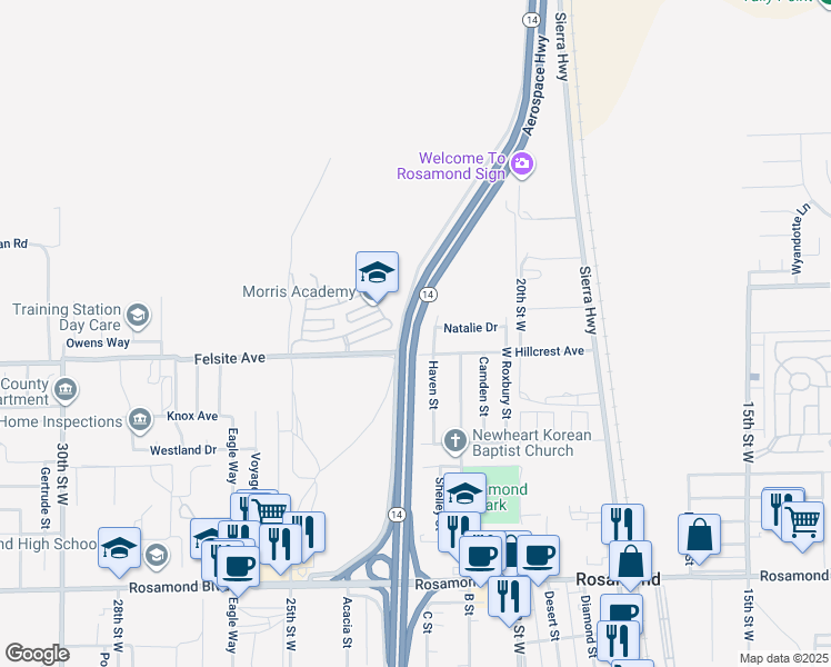 map of restaurants, bars, coffee shops, grocery stores, and more near California 14 in Rosamond