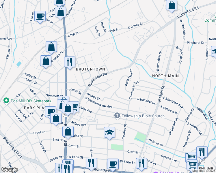 map of restaurants, bars, coffee shops, grocery stores, and more near 133 Foster Court in Greenville