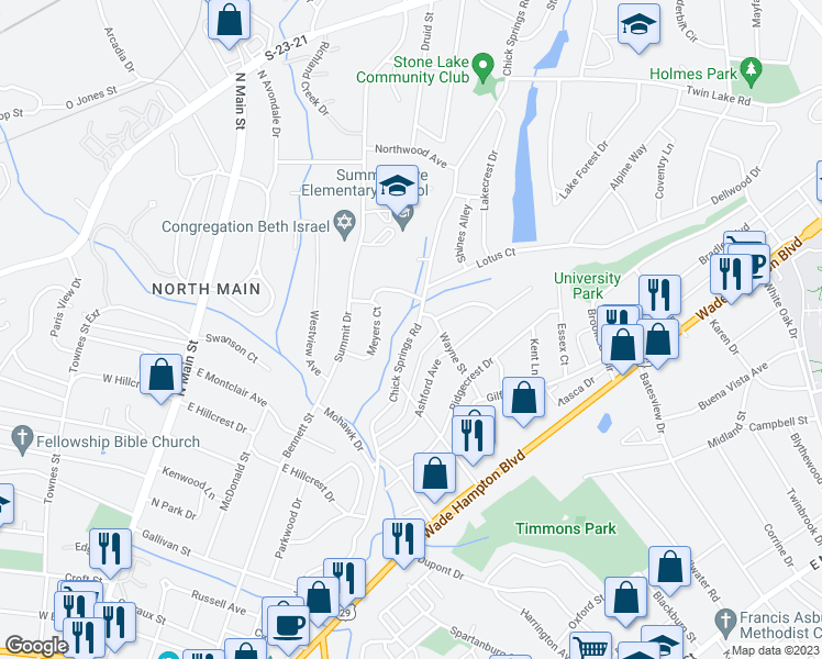 map of restaurants, bars, coffee shops, grocery stores, and more near 323 Chick Springs Road in Greenville