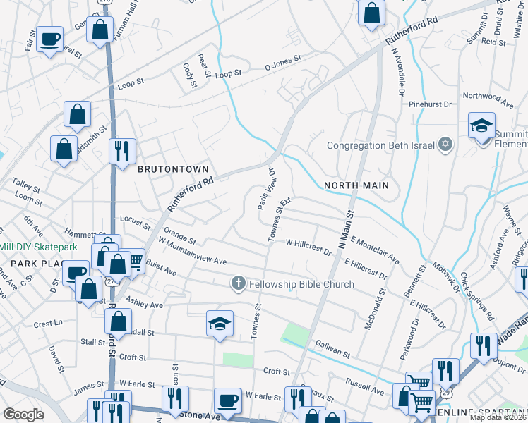 map of restaurants, bars, coffee shops, grocery stores, and more near 16 Paris View Drive in Greenville