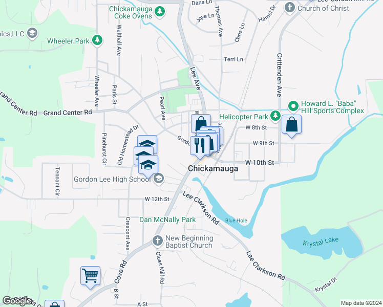 map of restaurants, bars, coffee shops, grocery stores, and more near 105 Cove Road in Chickamauga