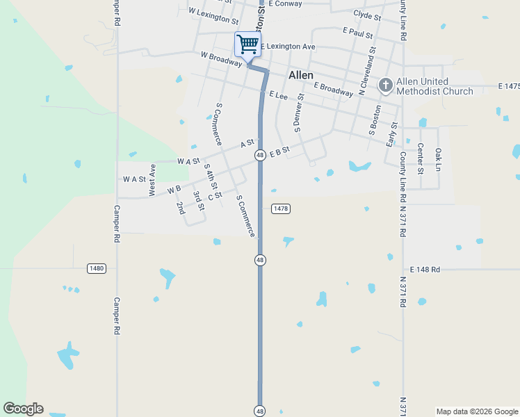 map of restaurants, bars, coffee shops, grocery stores, and more near County Road in Allen