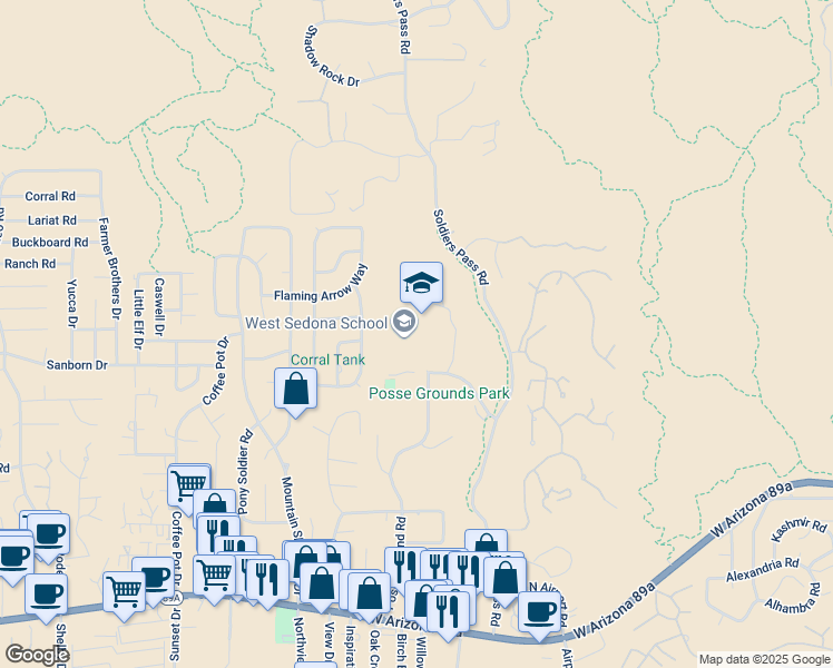 map of restaurants, bars, coffee shops, grocery stores, and more near 570 Posse Ground Road in Sedona