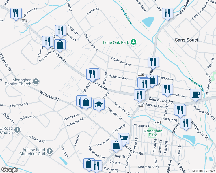 map of restaurants, bars, coffee shops, grocery stores, and more near 1010 Cedar Lane Road in Greenville