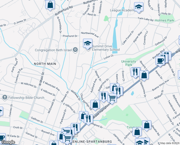 map of restaurants, bars, coffee shops, grocery stores, and more near 323 Chick Springs Road in Greenville