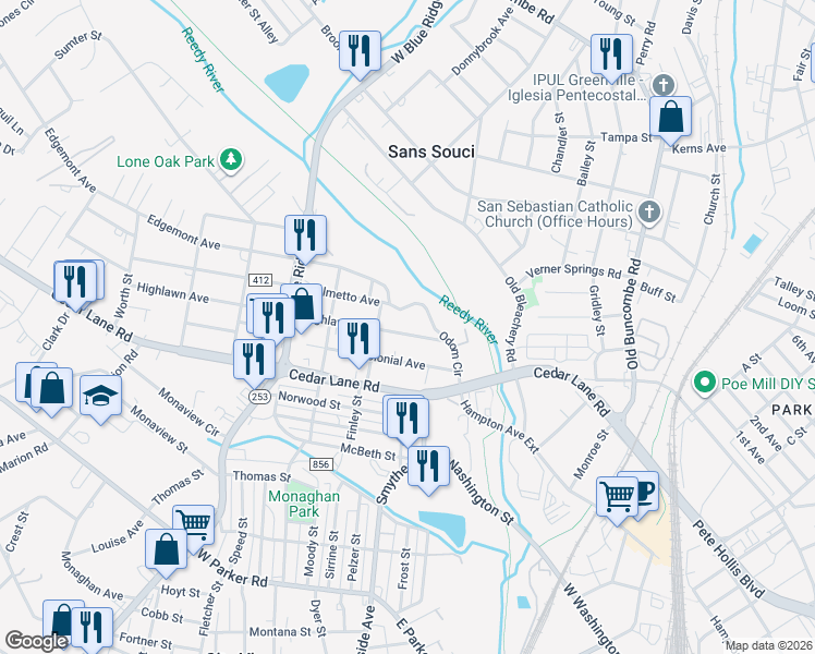 map of restaurants, bars, coffee shops, grocery stores, and more near 14 Highlawn Ave in Greenville
