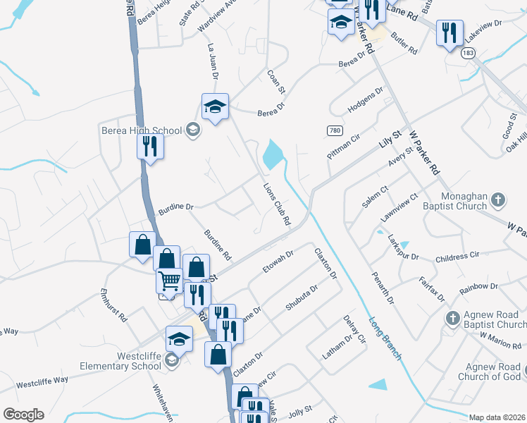 map of restaurants, bars, coffee shops, grocery stores, and more near 104 Prince Charming Drive in Greenville