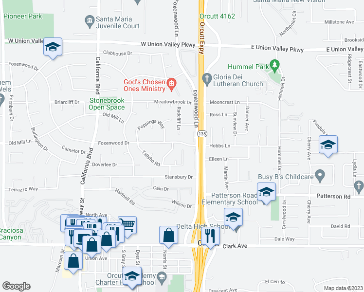 map of restaurants, bars, coffee shops, grocery stores, and more near 170 Foxenwood Drive in Santa Maria
