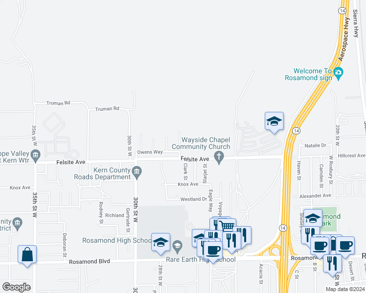 map of restaurants, bars, coffee shops, grocery stores, and more near 3524 Gold Crest Lane in Rosamond