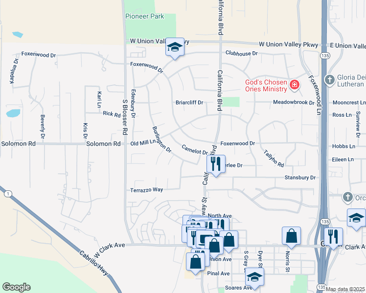 map of restaurants, bars, coffee shops, grocery stores, and more near 964 Camelot Drive in Orcutt