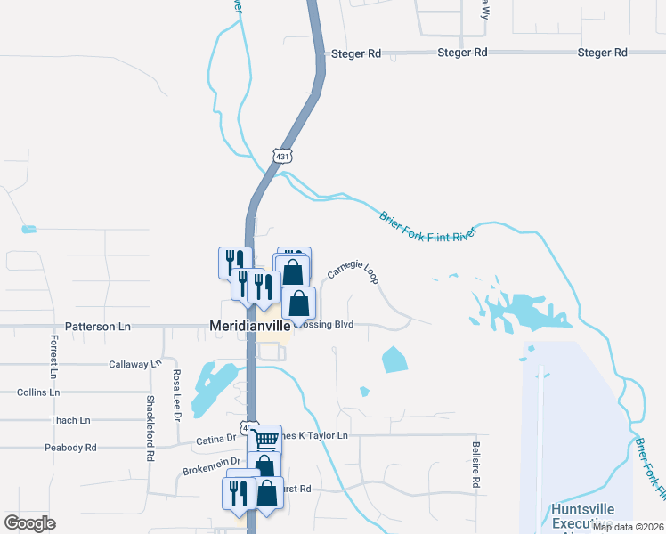 map of restaurants, bars, coffee shops, grocery stores, and more near 114 Carnegie Loop in Meridianville