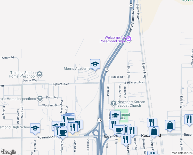 map of restaurants, bars, coffee shops, grocery stores, and more near 2312 Panorama Lane in Rosamond