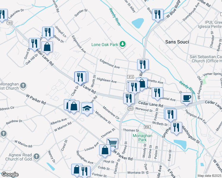 map of restaurants, bars, coffee shops, grocery stores, and more near 1000 Cedar Lane Road in Greenville