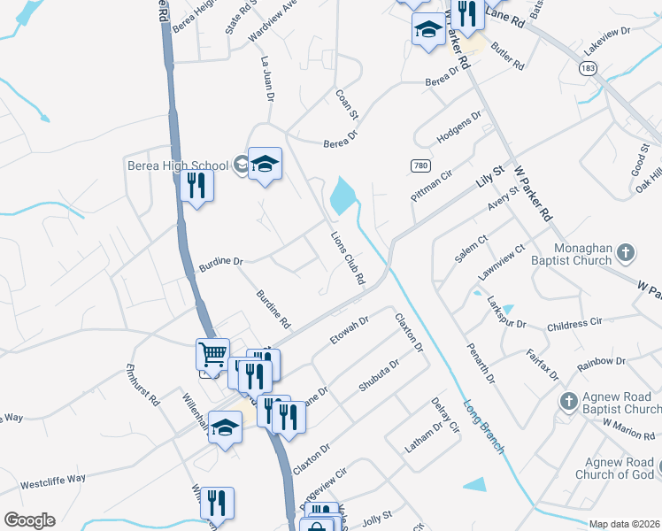map of restaurants, bars, coffee shops, grocery stores, and more near 104 Prince Charming Drive in Greenville