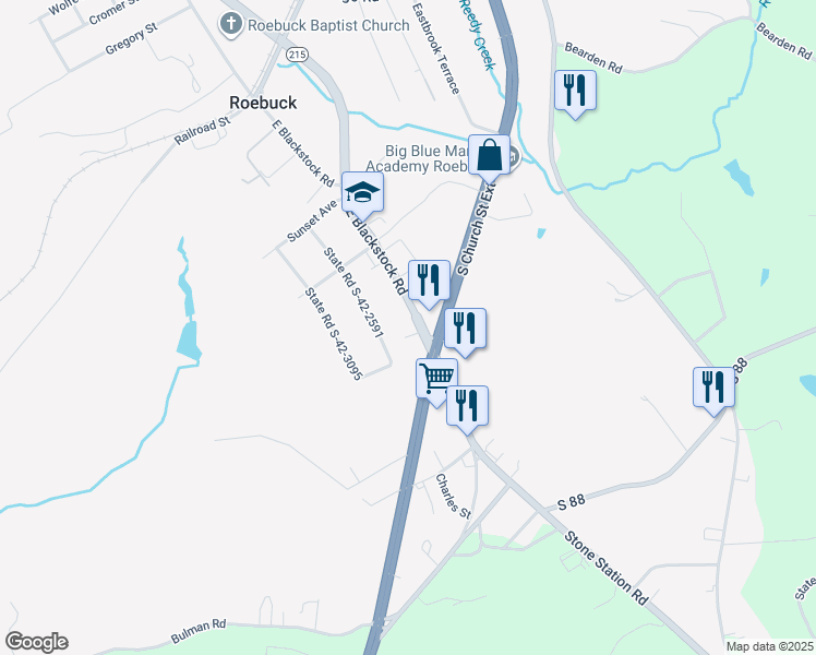 map of restaurants, bars, coffee shops, grocery stores, and more near 2478 East Blackstock Road in Roebuck