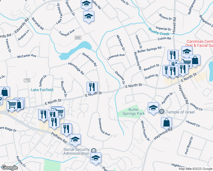 map of restaurants, bars, coffee shops, grocery stores, and more near 3 12 Oaks Terrace in Greenville
