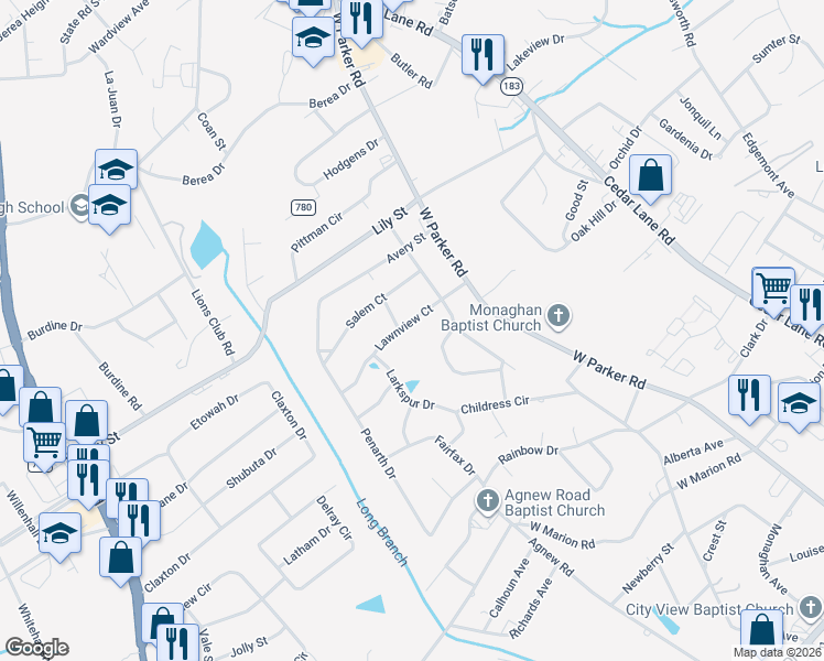map of restaurants, bars, coffee shops, grocery stores, and more near 17 Lawnview Court in Greenville