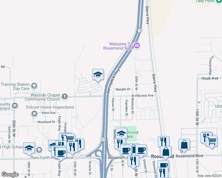 map of restaurants, bars, coffee shops, grocery stores, and more near 3537 Haven Street in Rosamond