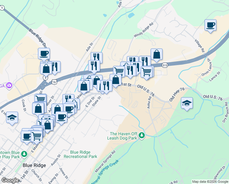 map of restaurants, bars, coffee shops, grocery stores, and more near East 1st Street in Blue Ridge