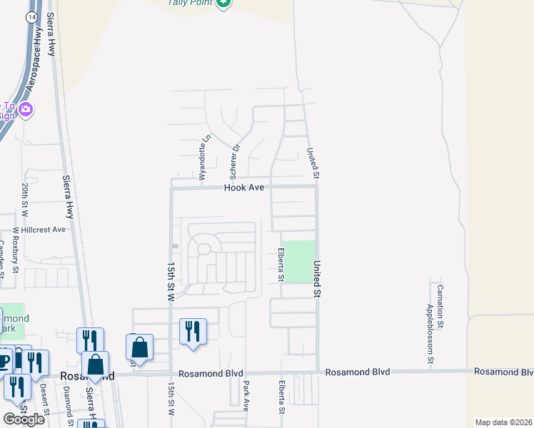 map of restaurants, bars, coffee shops, grocery stores, and more near 3525 Fernwood Street in Rosamond