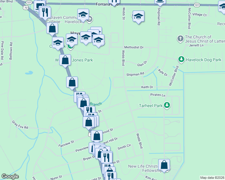 map of restaurants, bars, coffee shops, grocery stores, and more near 144 Twin Wood Drive in Havelock