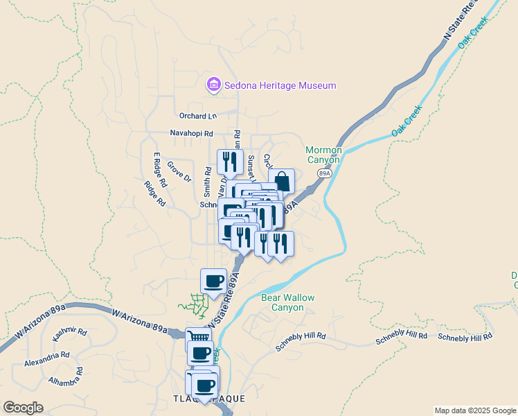map of restaurants, bars, coffee shops, grocery stores, and more near 333 N Arizona 89A in Sedona