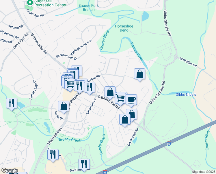 map of restaurants, bars, coffee shops, grocery stores, and more near 417 Cliffview Court in Greer