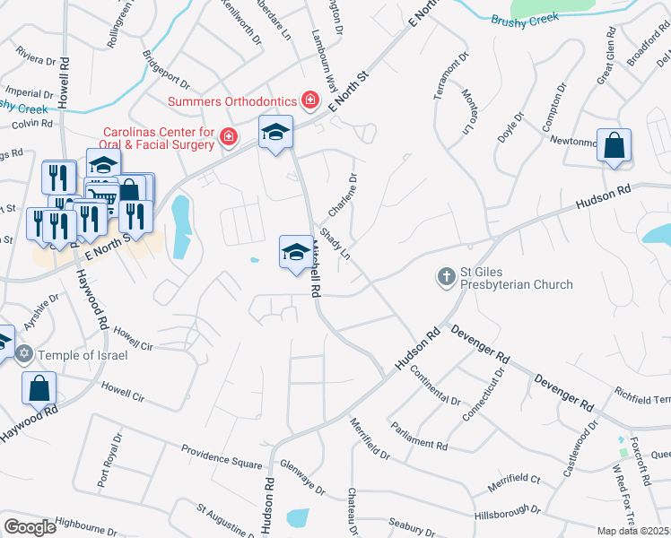 map of restaurants, bars, coffee shops, grocery stores, and more near 200 Mitchell Road in Greenville