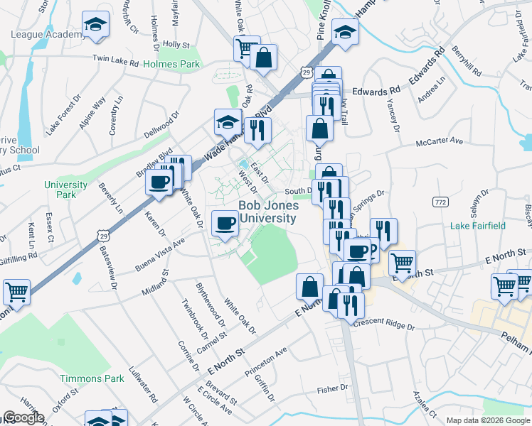 map of restaurants, bars, coffee shops, grocery stores, and more near in Greenville