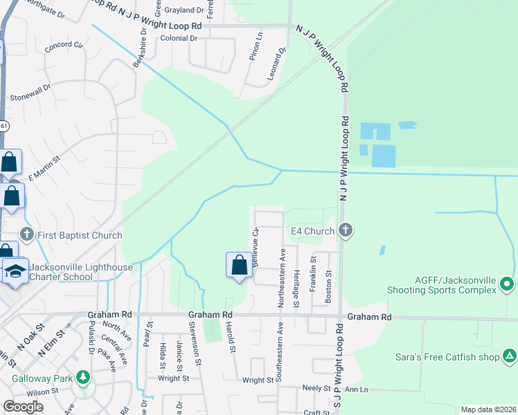 map of restaurants, bars, coffee shops, grocery stores, and more near 308 Bellewood Lane in Jacksonville