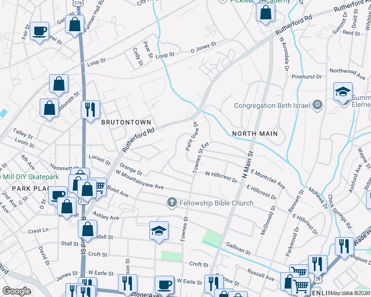 map of restaurants, bars, coffee shops, grocery stores, and more near 19 Paris View Drive in Greenville
