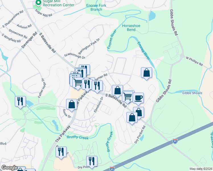 map of restaurants, bars, coffee shops, grocery stores, and more near 417 Cliffview Court in Greer