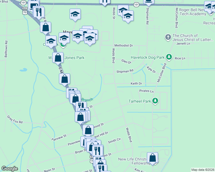 map of restaurants, bars, coffee shops, grocery stores, and more near 103 Hill Court in Havelock