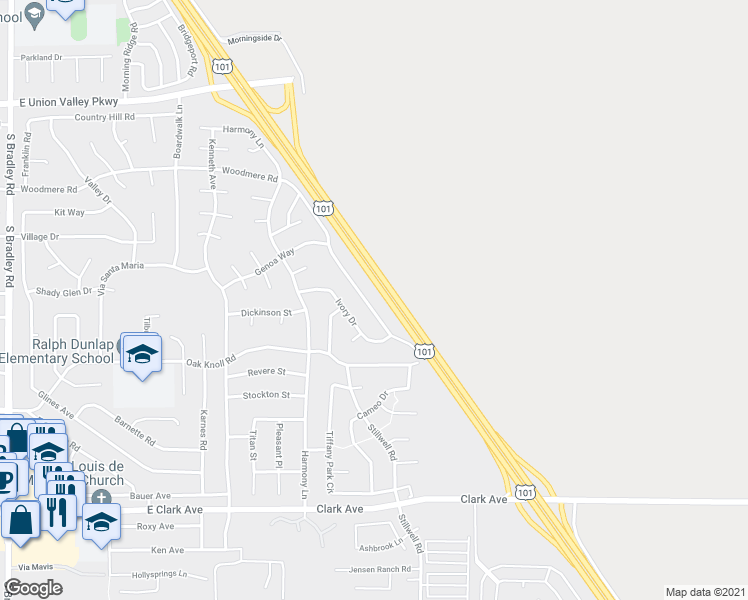 map of restaurants, bars, coffee shops, grocery stores, and more near 4644 Woodmere Road in Santa Maria
