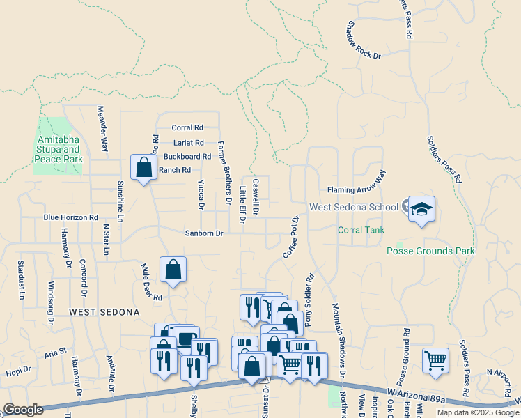 map of restaurants, bars, coffee shops, grocery stores, and more near 5 Caswell Drive in Sedona