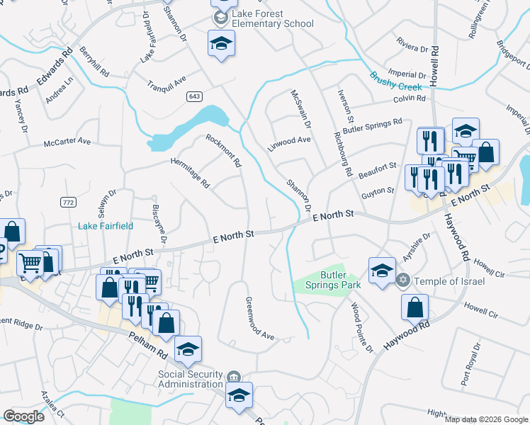 map of restaurants, bars, coffee shops, grocery stores, and more near 3 12 Oaks Terrace in Greenville